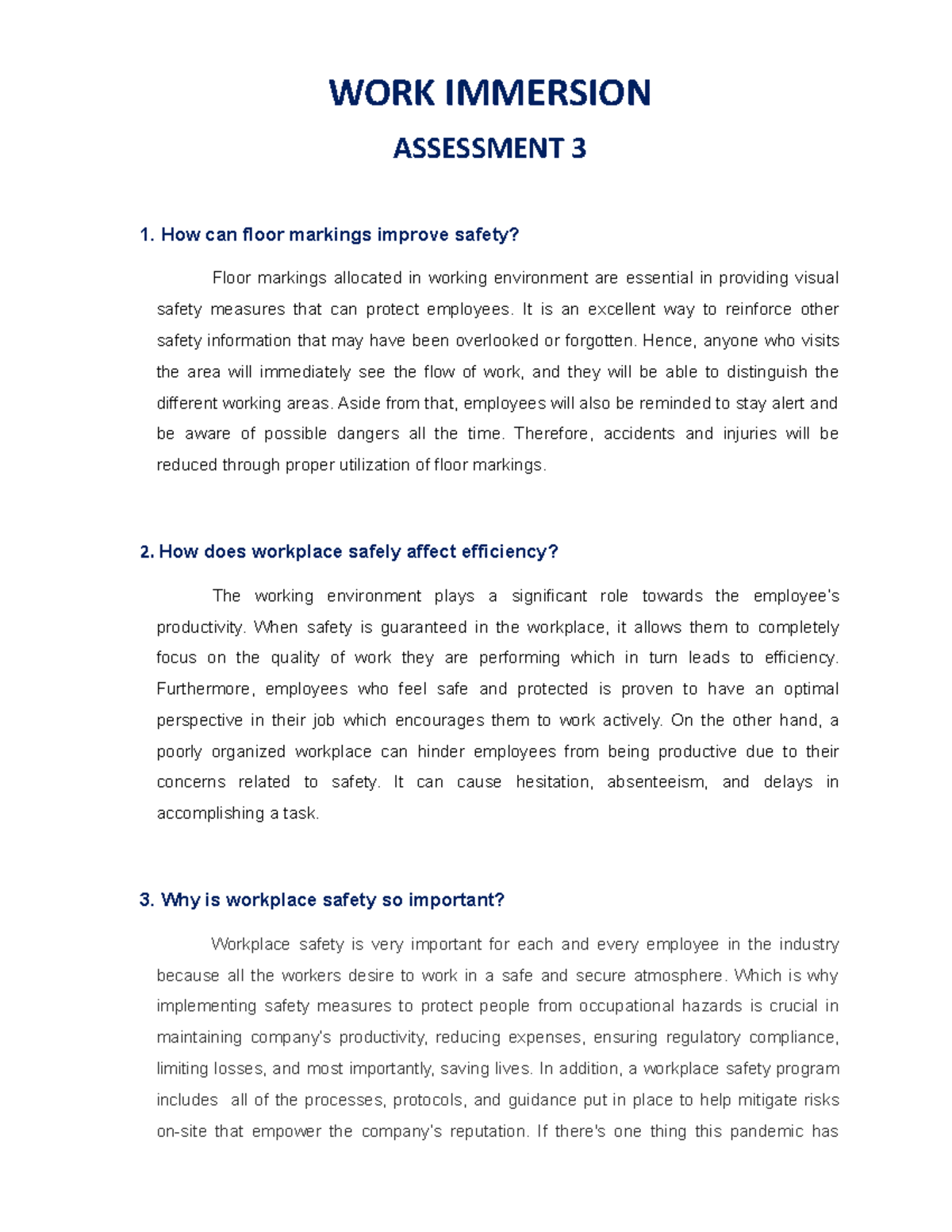 Assessment 3 - WORK IMMERSION ASSESSMENT 3 1. How can floor markings ...