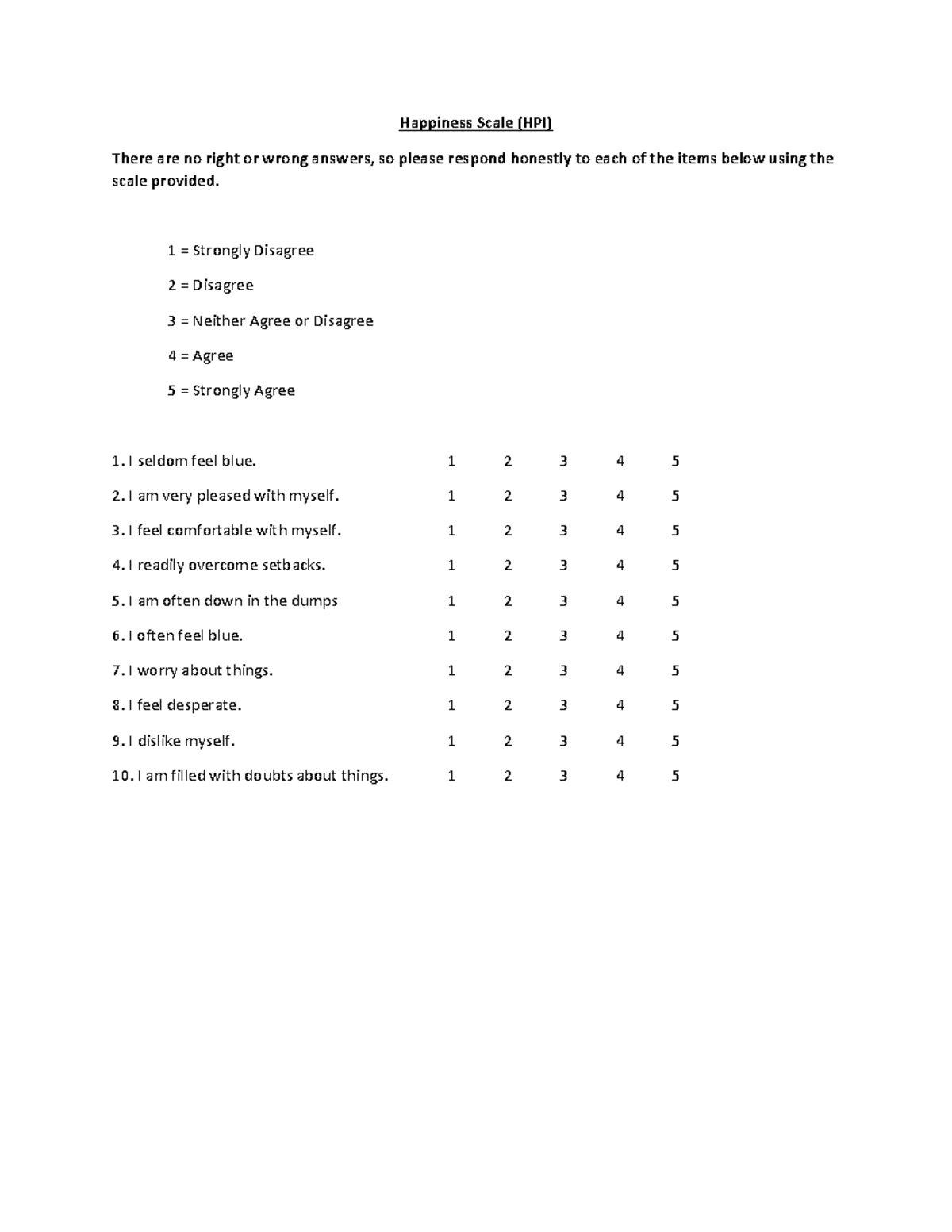 Happiness Scale - 1 = Strongly Disagree 2 = Disagree 3 = Neither Agree ...