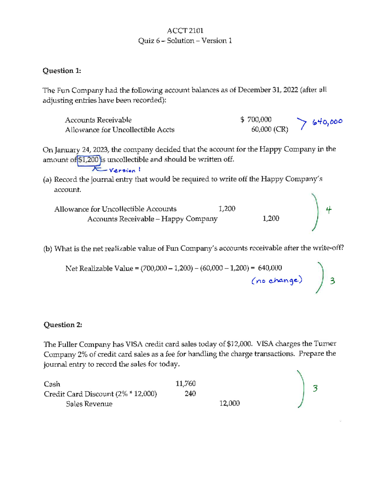 ACCT 2101 Quiz 6 (All Versions) Solution Spr23 - ACCT 2101 - Studocu