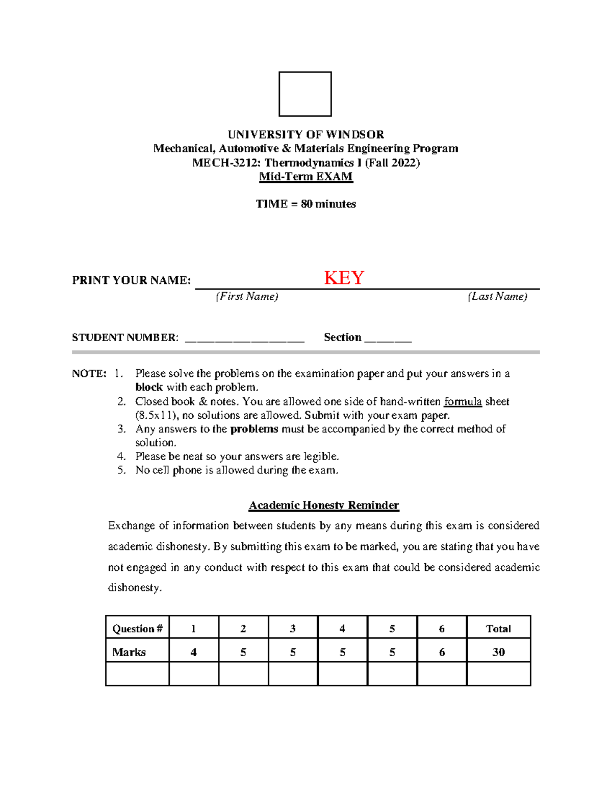 Solution to Midterm Exam2Fall 2022 UNIVERSITY OF WINDSOR Mechanical