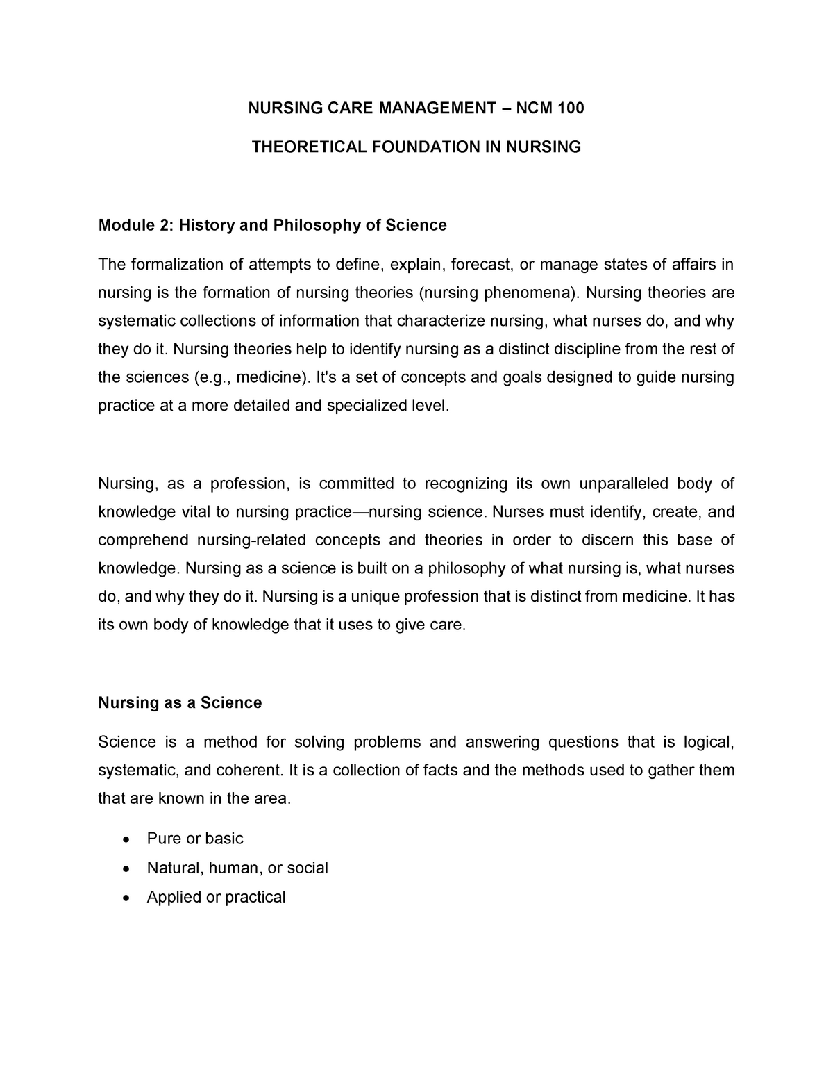 Module 2 NCM 100 - Lecture Notes Lecture 2 - NURSING CARE MANAGEMENT ...