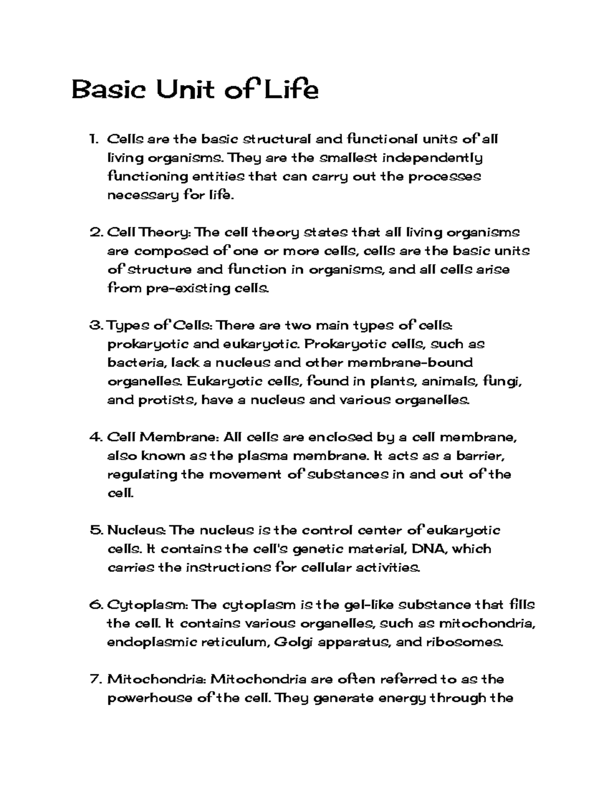 Basic Unit of Life - Notes for biology, freshman year. - Basic Unit of ...