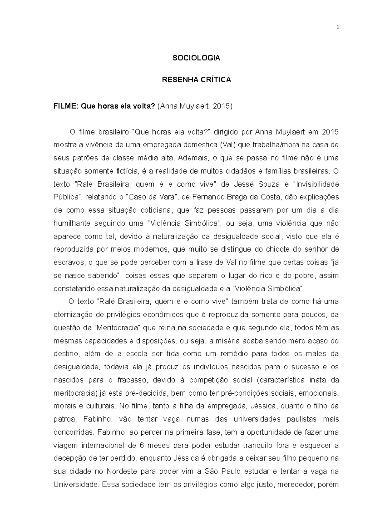 Resenha Crítica Que horas ela volta