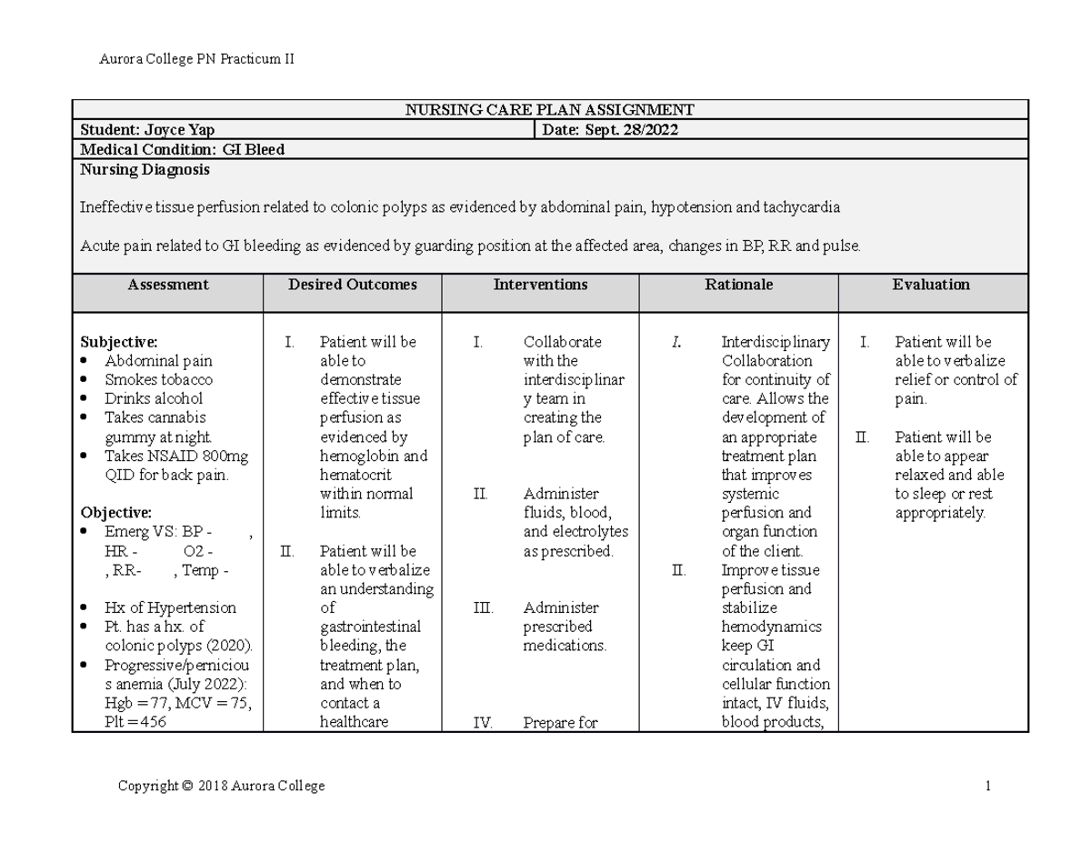 careplan-gi-bleed-aurora-college-pn-practicum-ii-nursing-care-plan