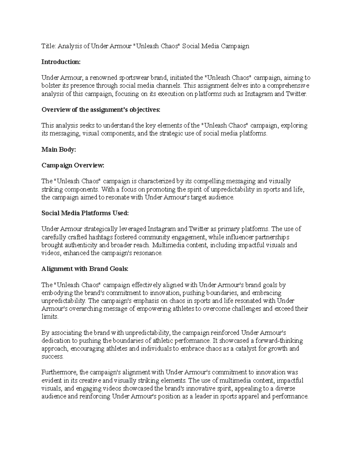Social Media Case Study - Title: Analysis of Under Armour "Unleash ...