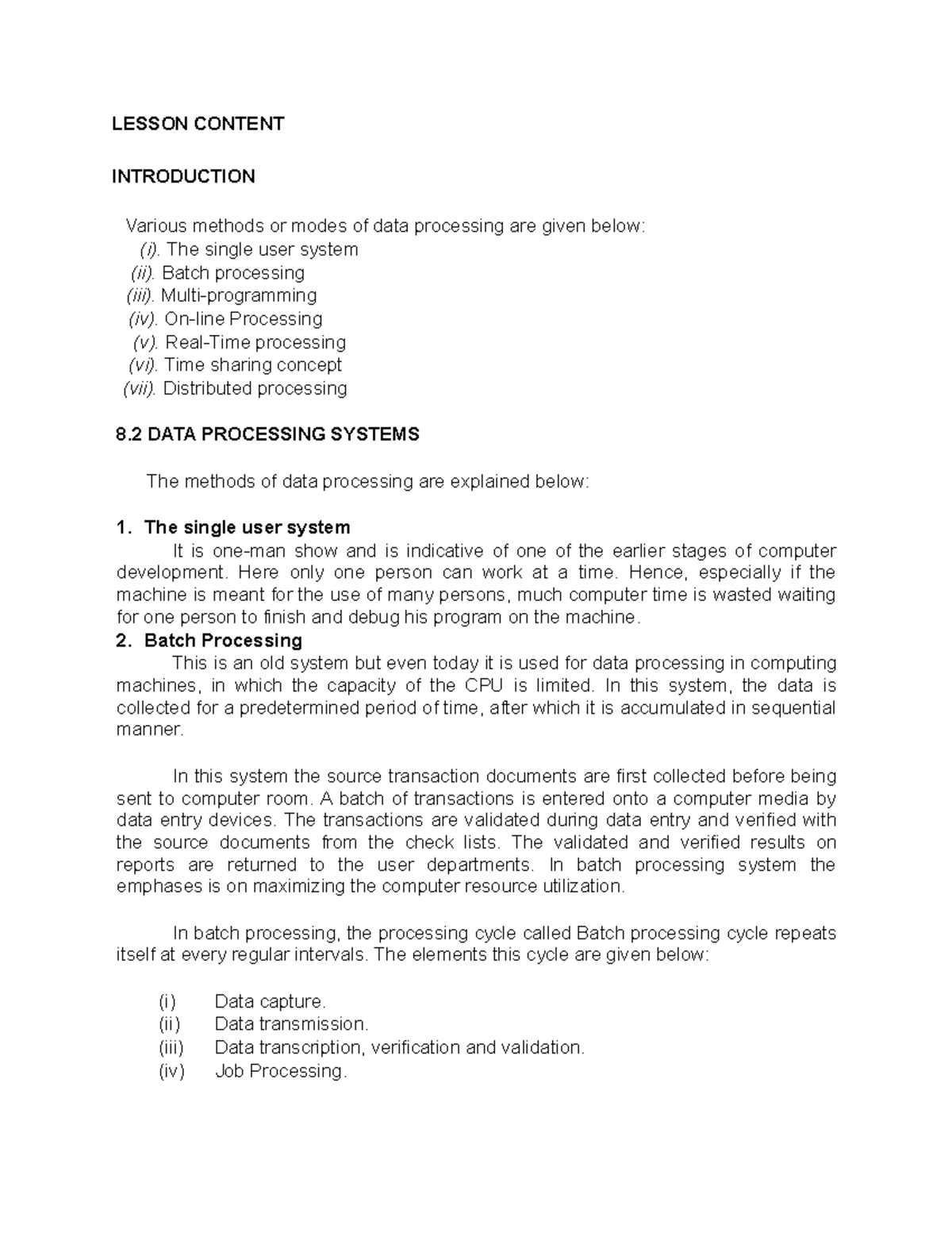 Various DATA Processing Systems - LESSON CONTENT INTRODUCTION Various ...