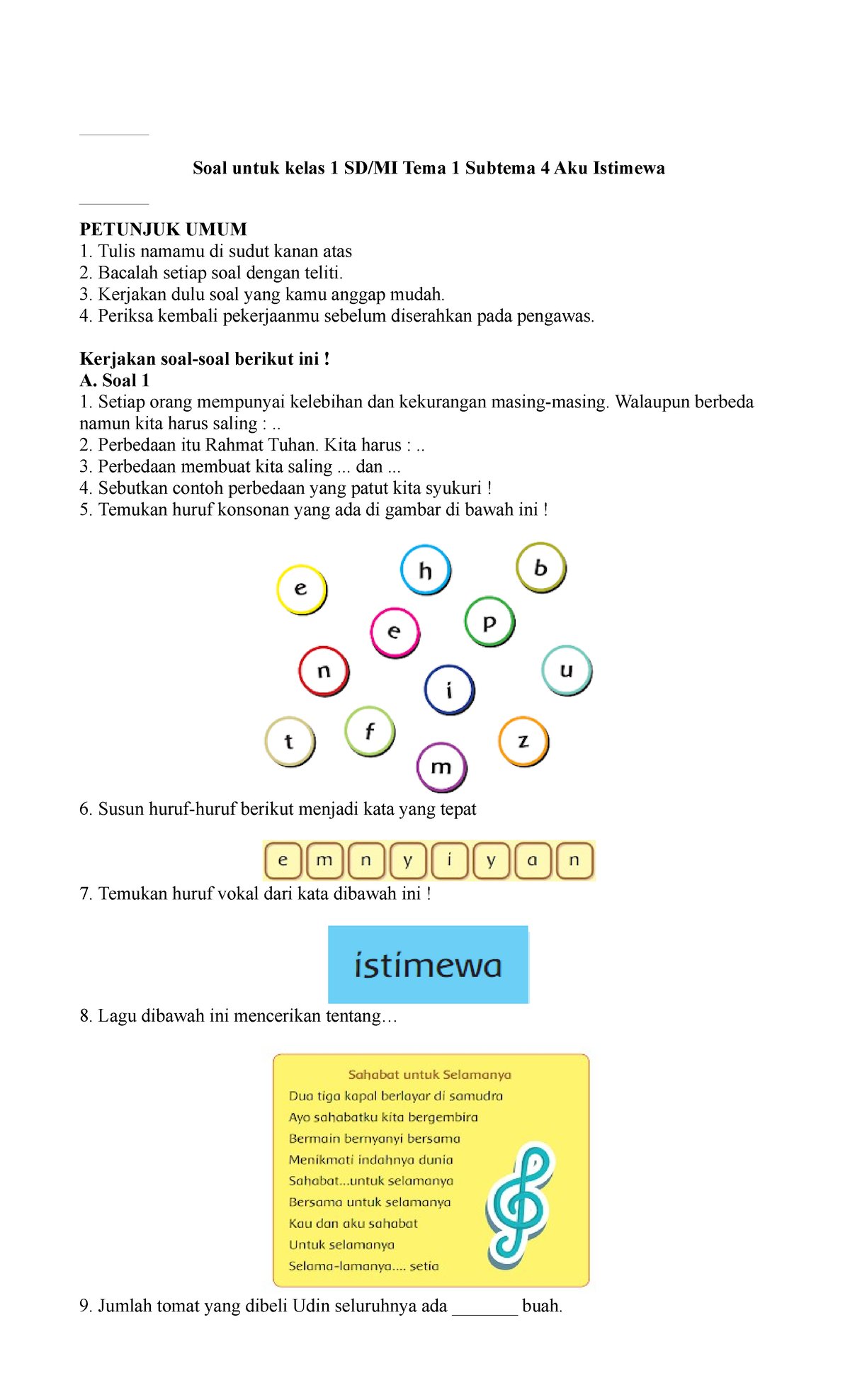 Contoh Soal Uh Ph Untuk Kelas Sd Mi Tema Subtema Aku Istimewa