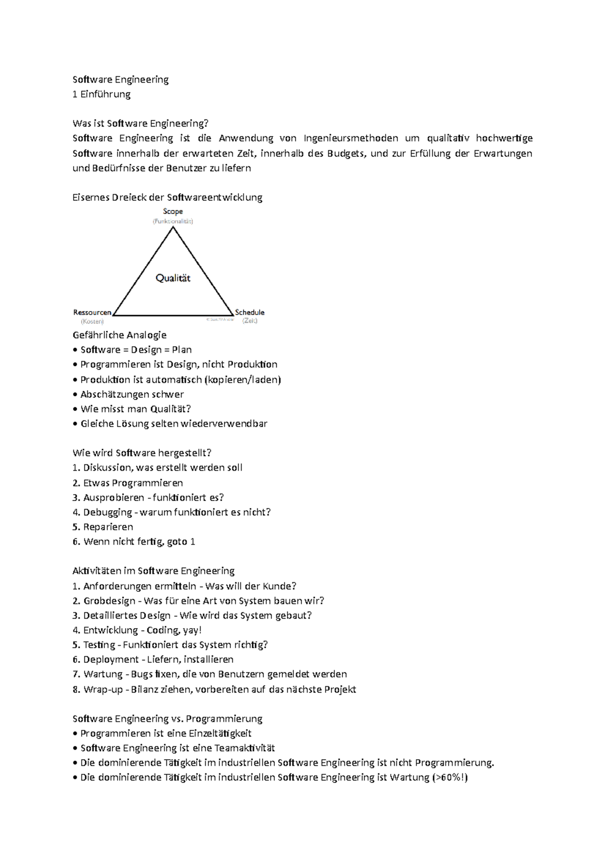 Einführung Vorlesungsnotizen 1 Software Engineering 1 Einführung
