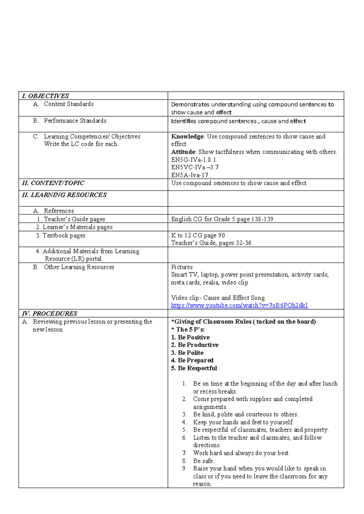 COT4 DLP English 5 - Lesson Plan - I. OBJECTIVES A. Content Standards ...