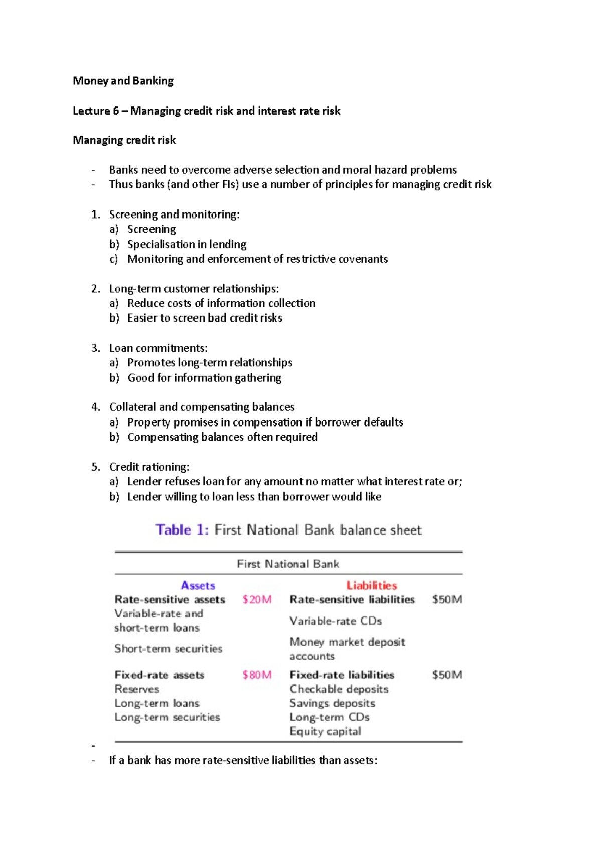 Lecture 6 Money and Banking Lecture 6 Managing credit risk and