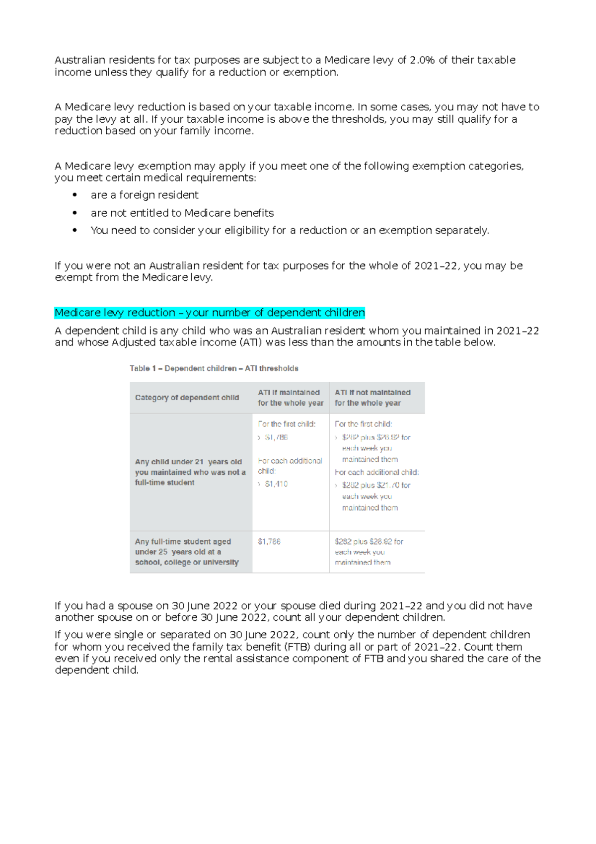 Medical levy SUMMARY Australian residents for tax purposes are