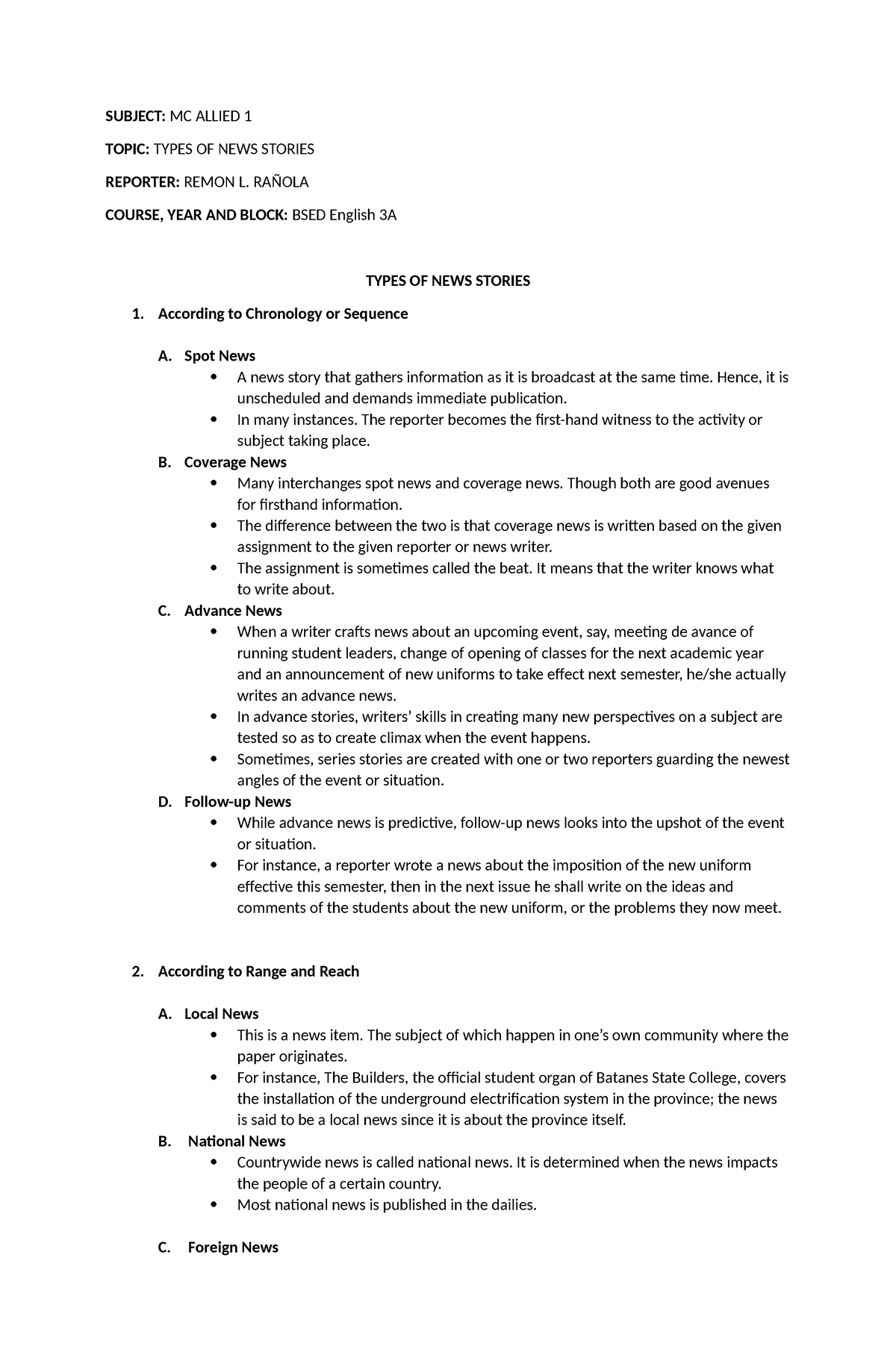 Types of news stories handout - SUBJECT: MC ALLIED 1 TOPIC: TYPES OF ...