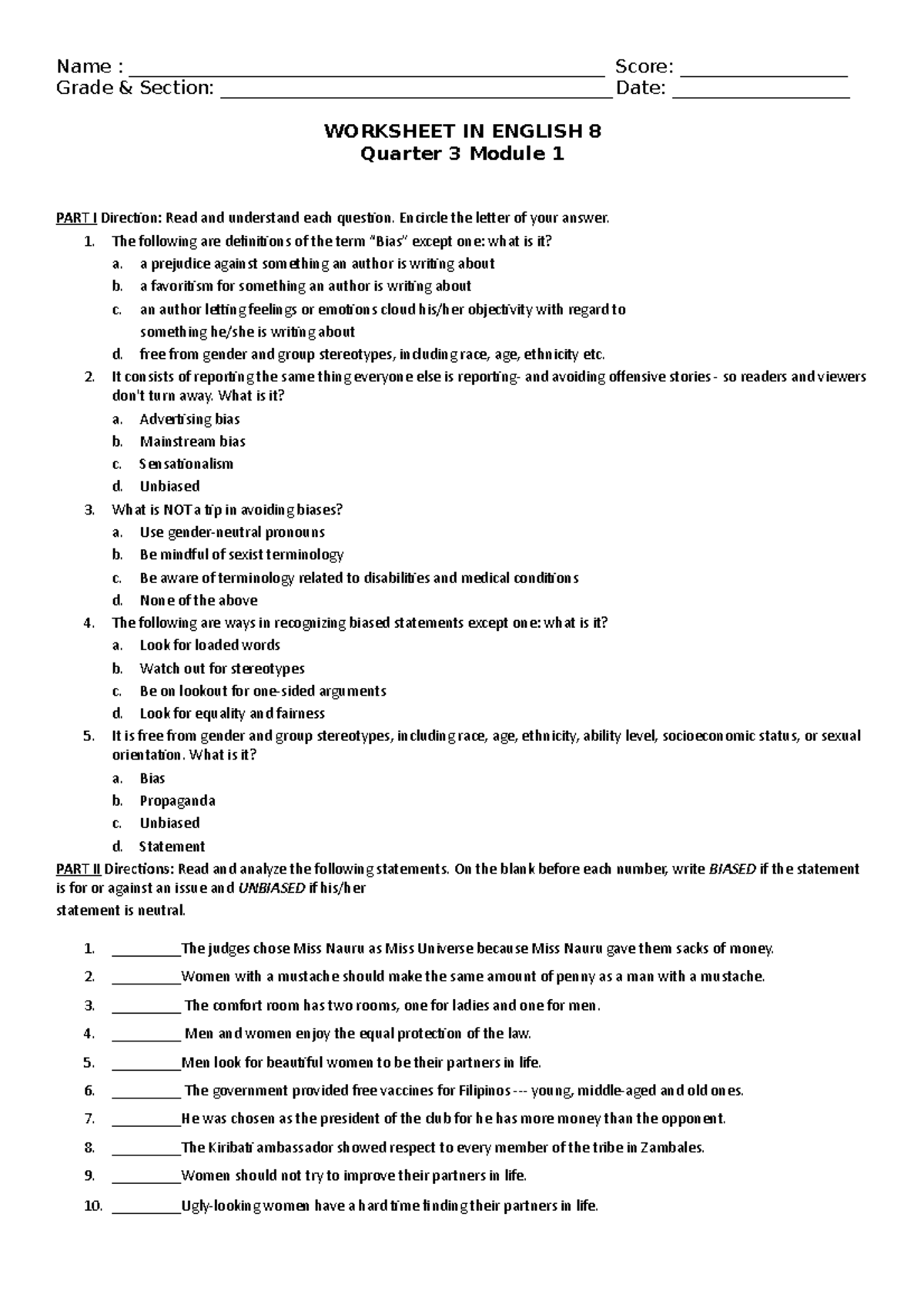 Worksheet 1 2 english 8 grade 8 level - Name