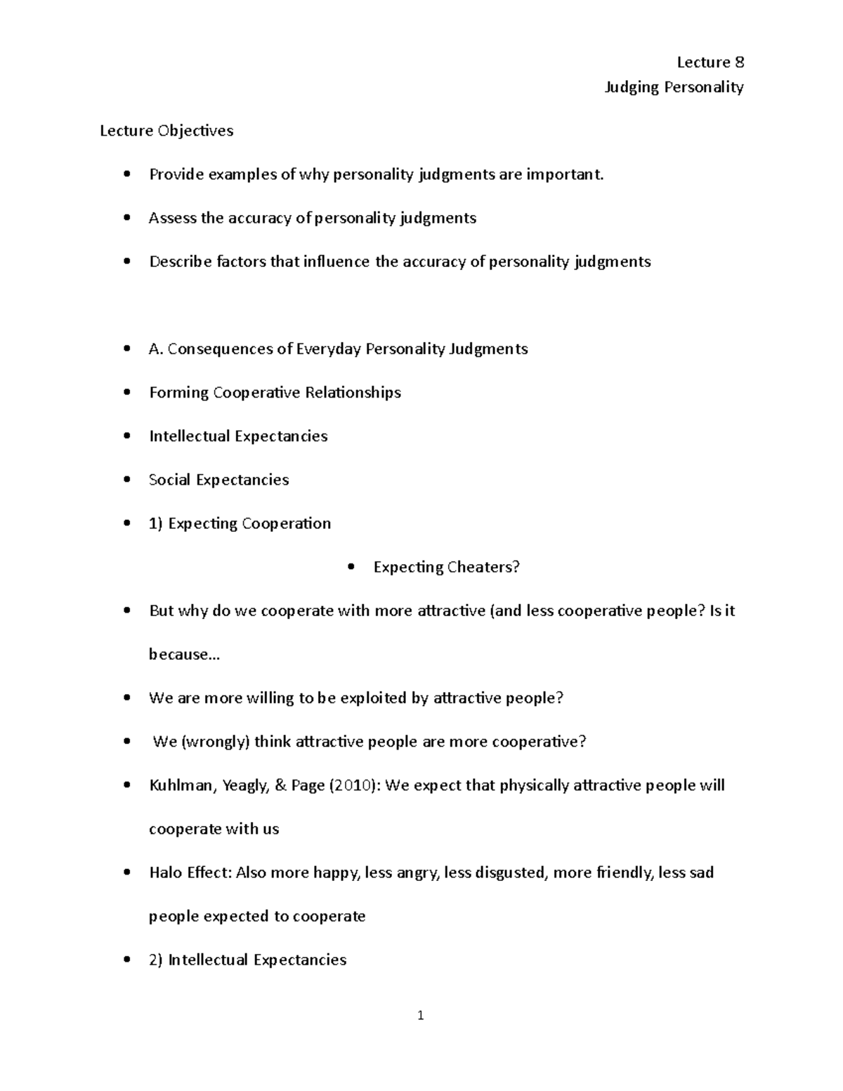 Judging Personality Lecture Notes Judging Personality Lecture