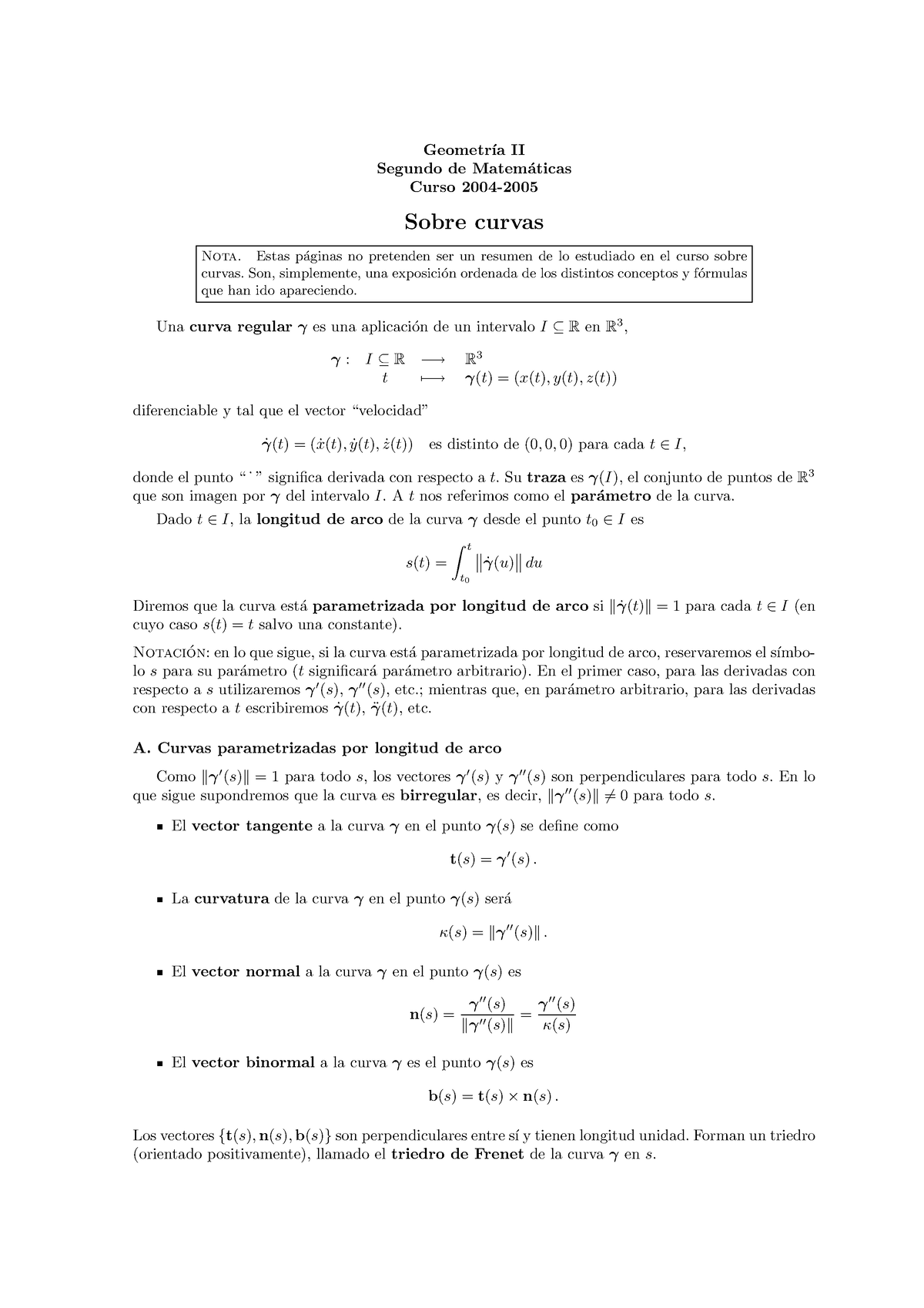 Resumen Curvas 2004 2005 - Geometr ́ıa II Segundo De Matem ́aticas ...