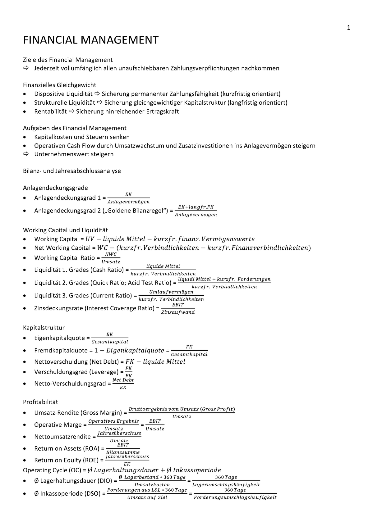 Financial Management Zusammenfassung Financial Management Ziele Des Financial Management ð 2462