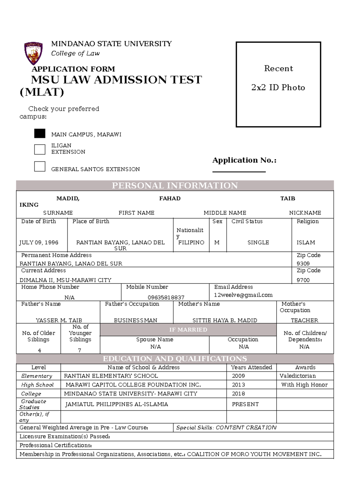 MLAT-FORM 2022-2023 Admission - MINDANAO STATE UNIVERSITY College of ...