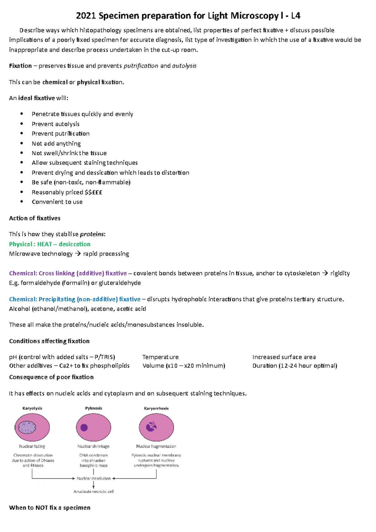 Specimen preparation for Light Microscopy part 1 Fixation preserves tissue and prevents