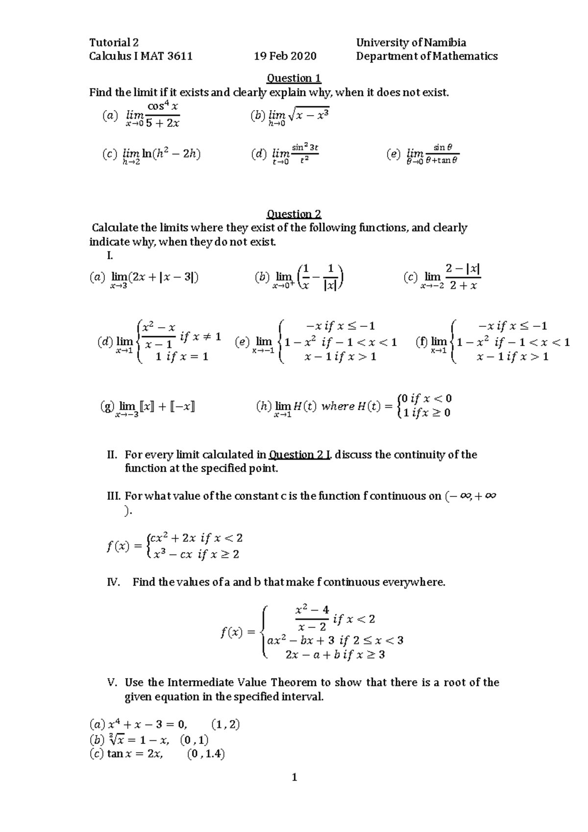 2020 Tutorial 2 MAT3611 - Tutorial 2 University of Namibia Calculus I ...