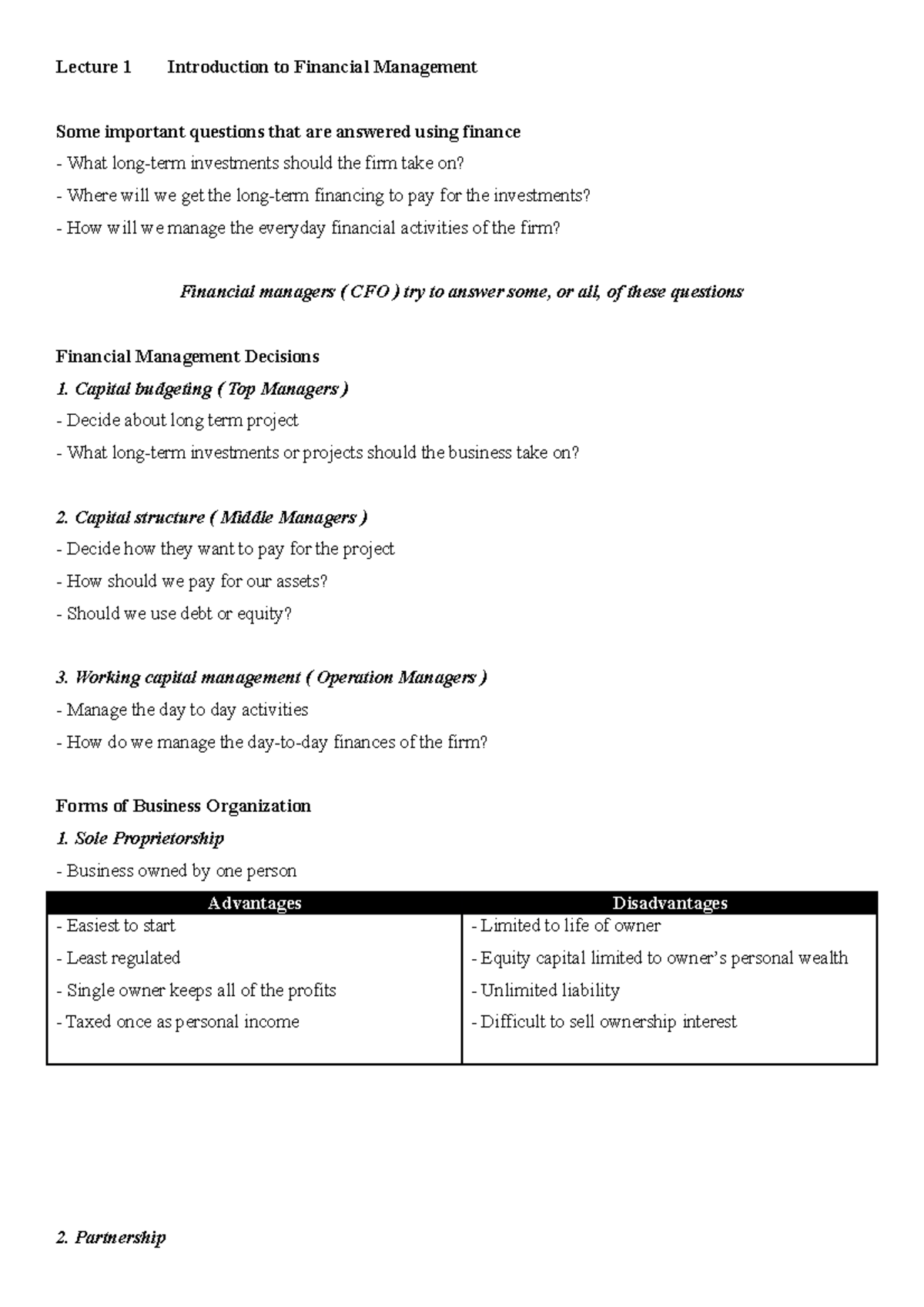 Finance Notes - Lecture 1 Introduction to Financial Management Some ...
