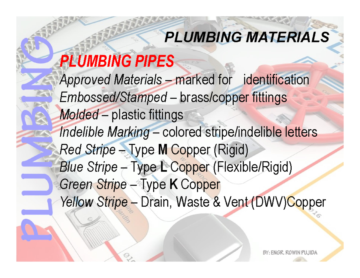 Plumbing Materials PLUMBING PIPES Approved Materials marked for