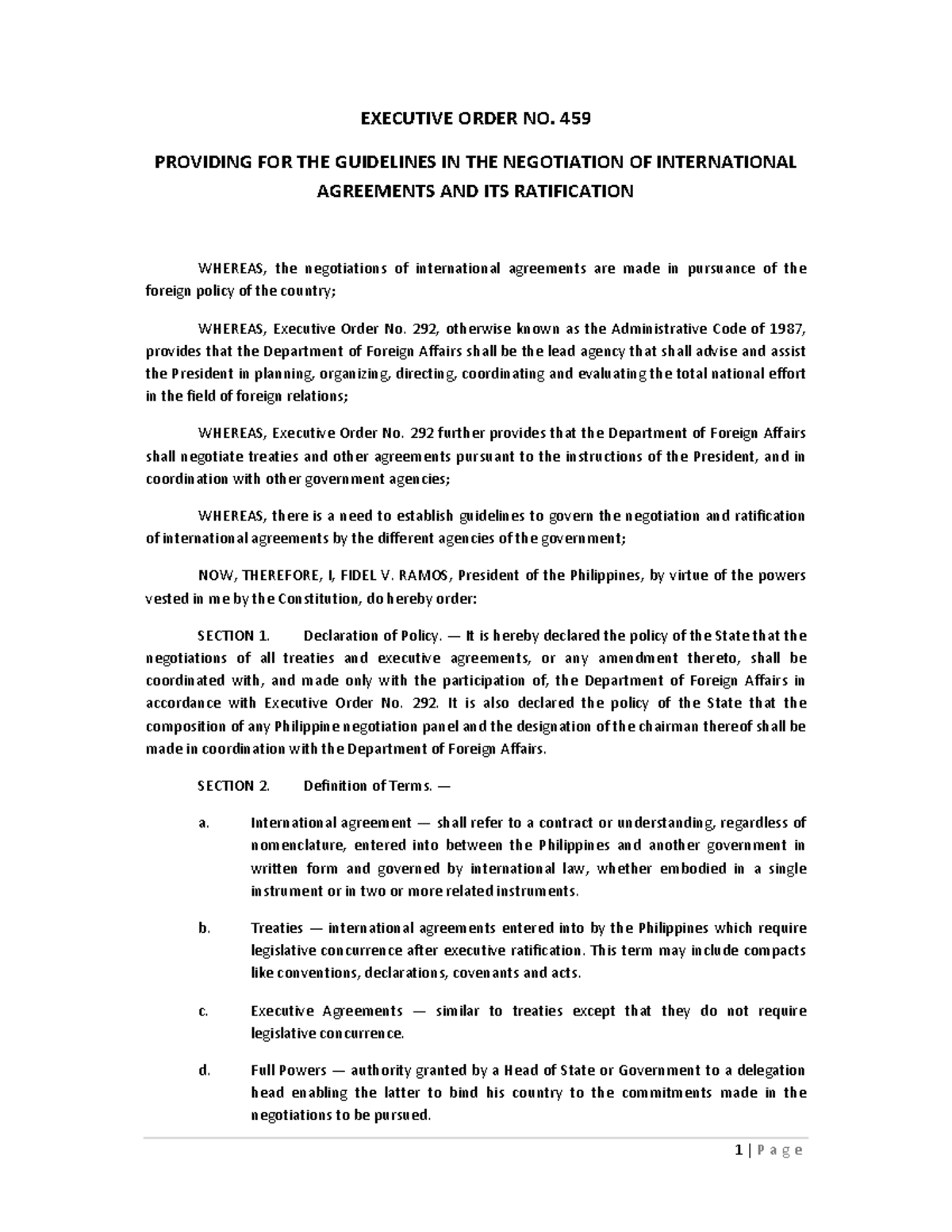 EO 459-1997 executive order - EXECUTIVE ORDER NO. 459 PROVIDING FOR THE ...