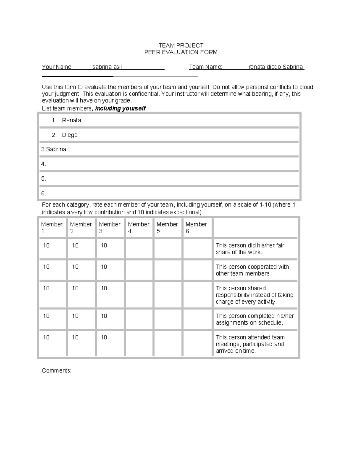 Peer Evaluation - peer - TEAM PROJECT PEER EVALUATION FORM Your Name ...