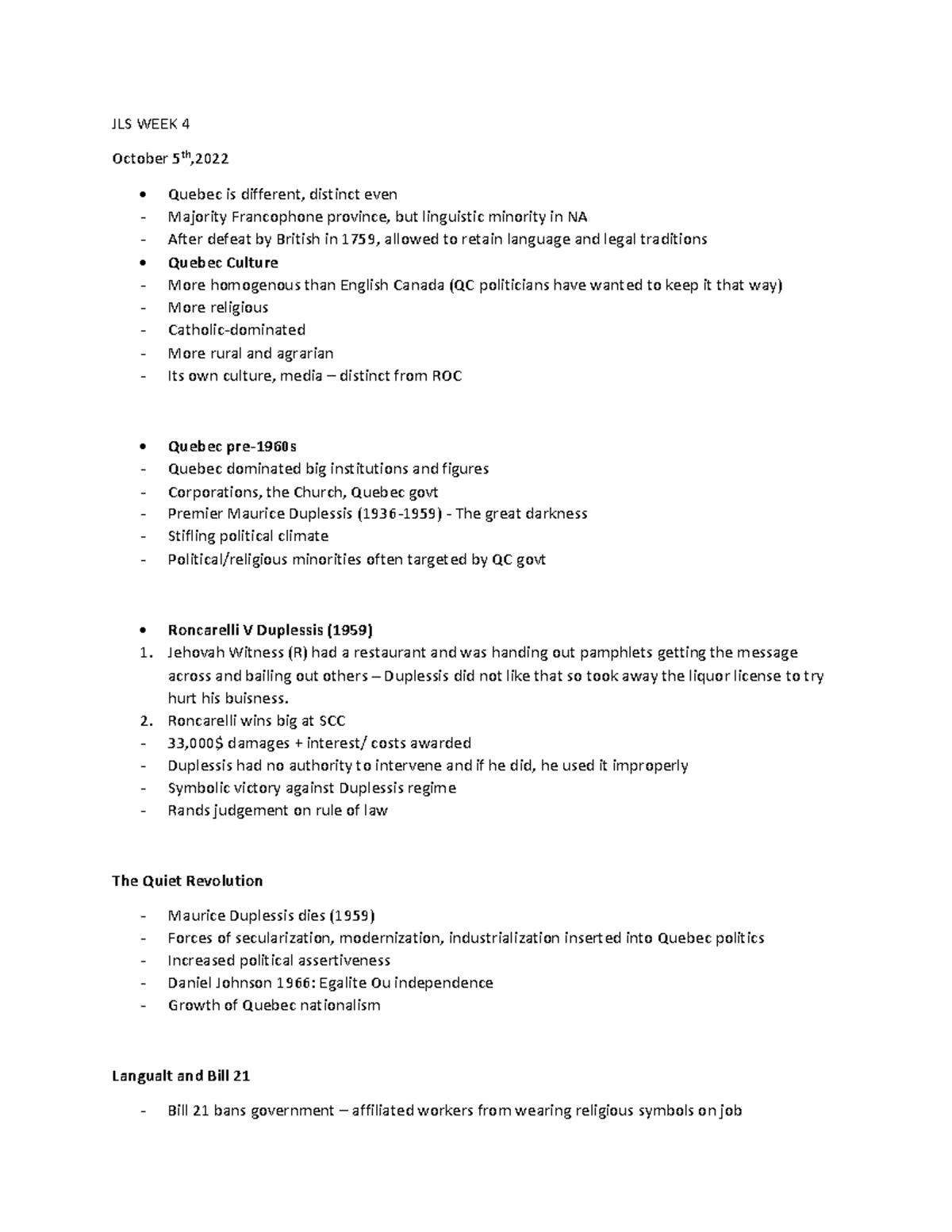 JLS Week 4 lec notes JLS WEEK 4 October 5th, Quebec is different