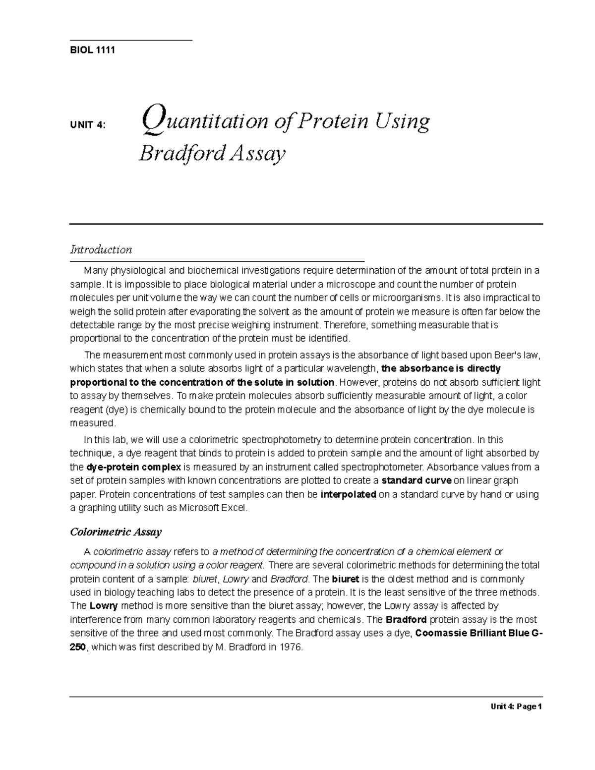 BIOL1111 Manual Unit04-Protein Quantitation - ####### BIOL 1111 Unit 4 ...