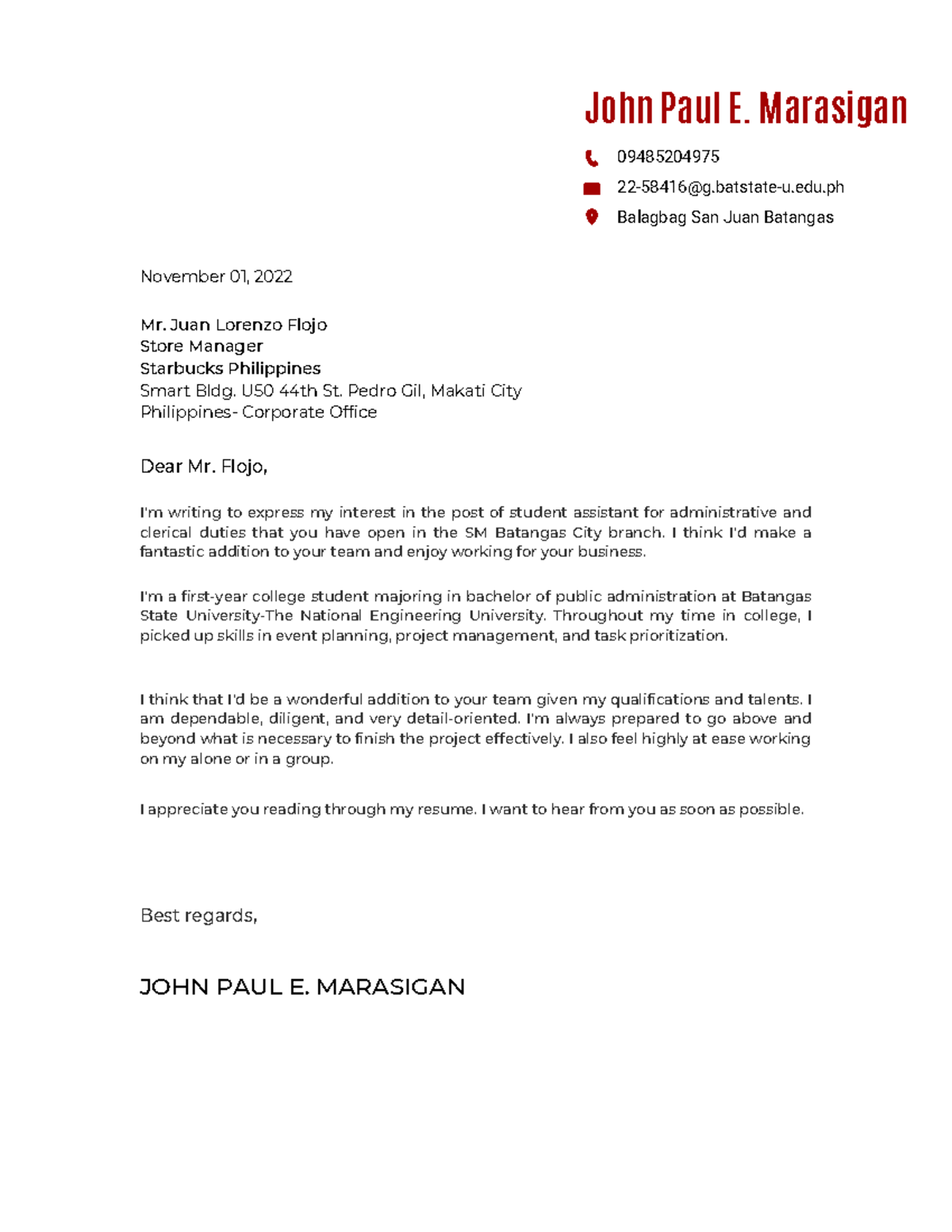 John Paul E. Marasigan - This is application letter - 09485204975 22 ...