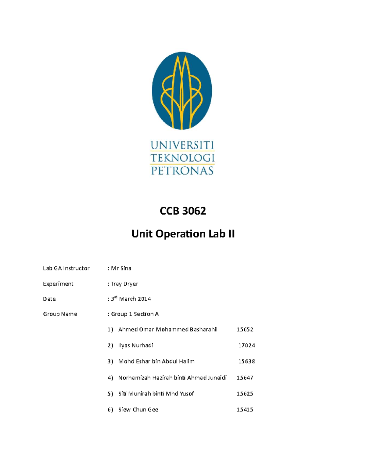 210972565 Tray Dryer Lab Report Tray Dryer Lab Report CCB 3062 Unit Operation Lab II Lab GA