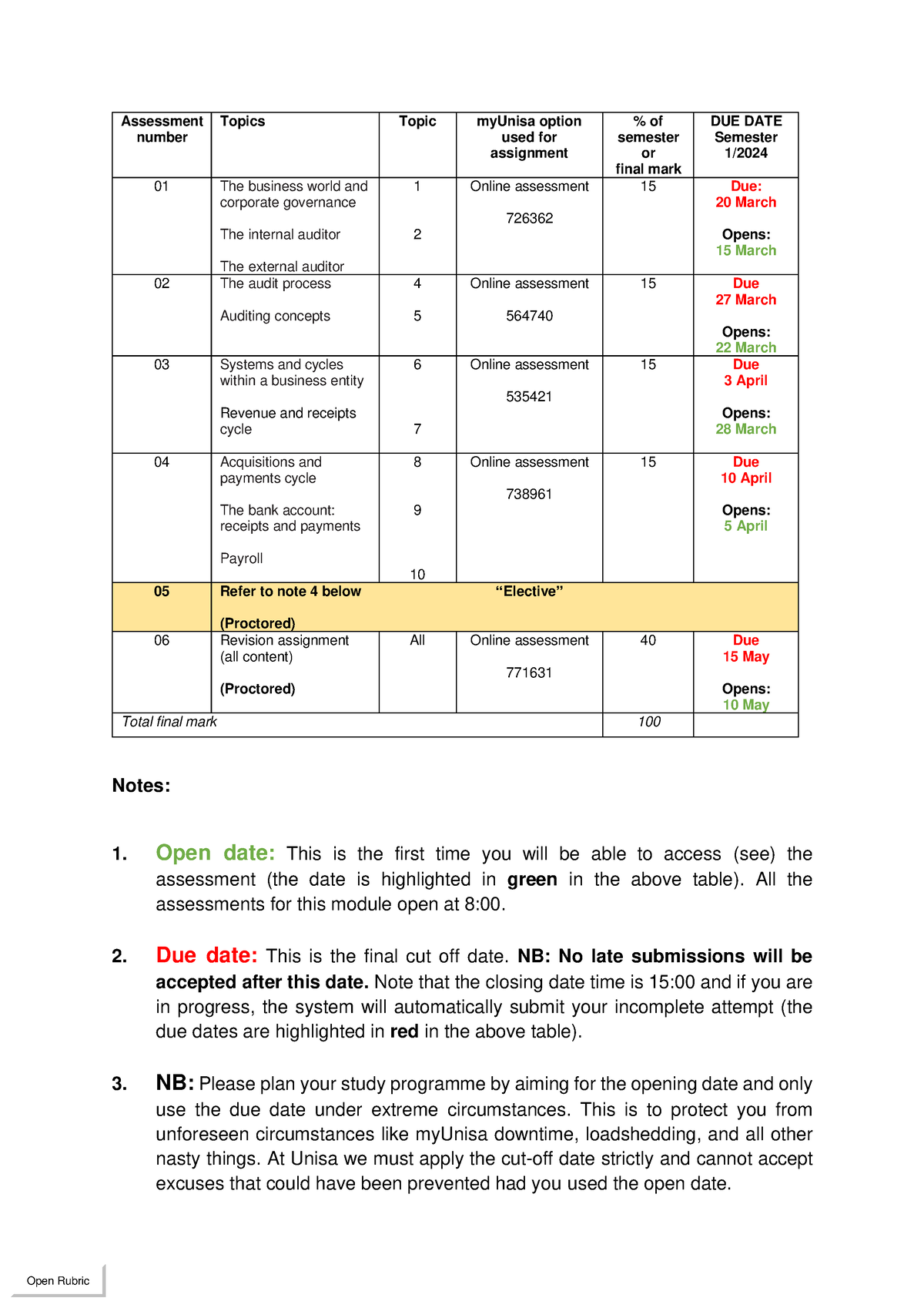 myunisa assignments due dates