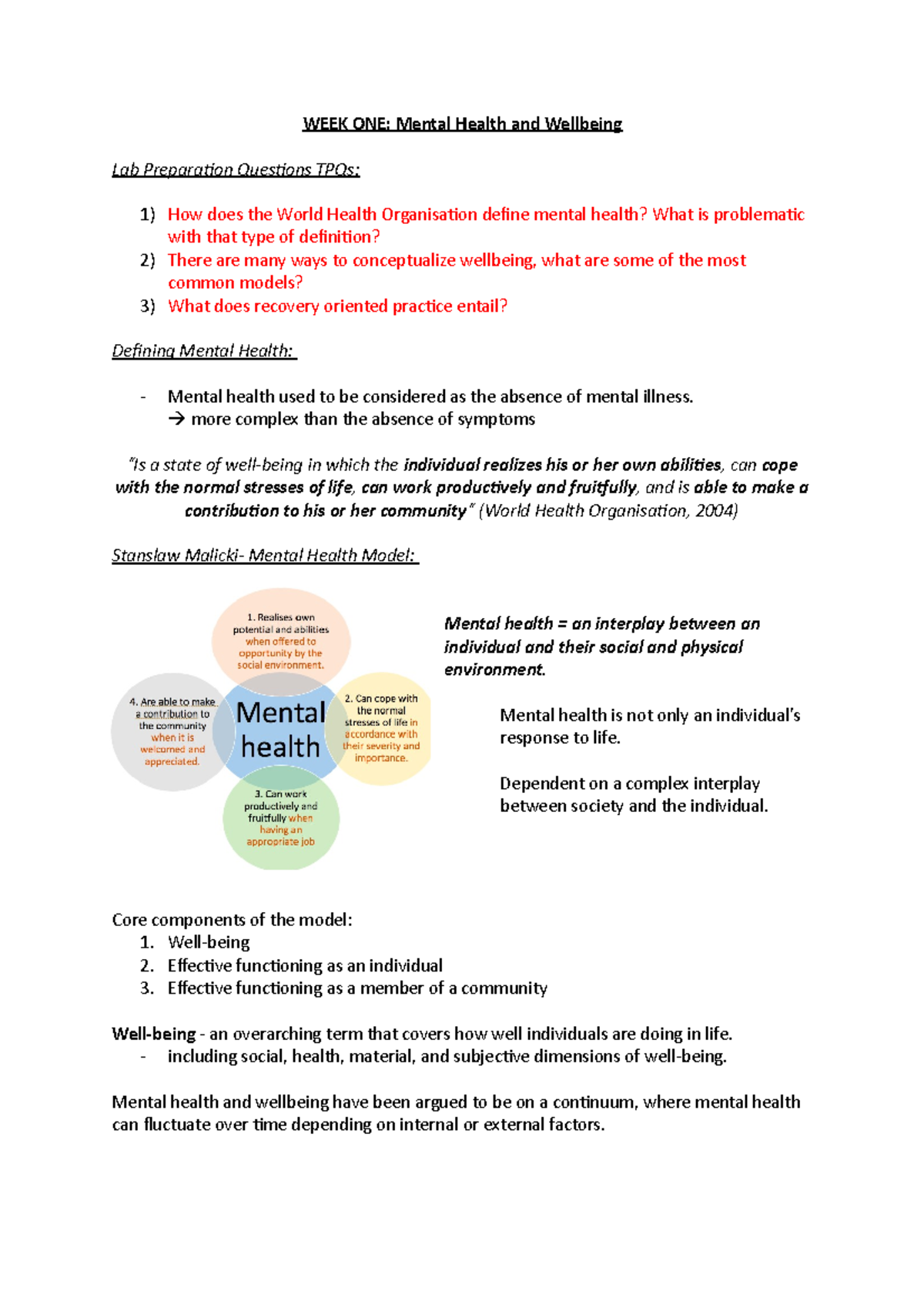 WEEK ONE - Week 1 Lecture Notes - WEEK ONE: Mental Health And Wellbeing ...