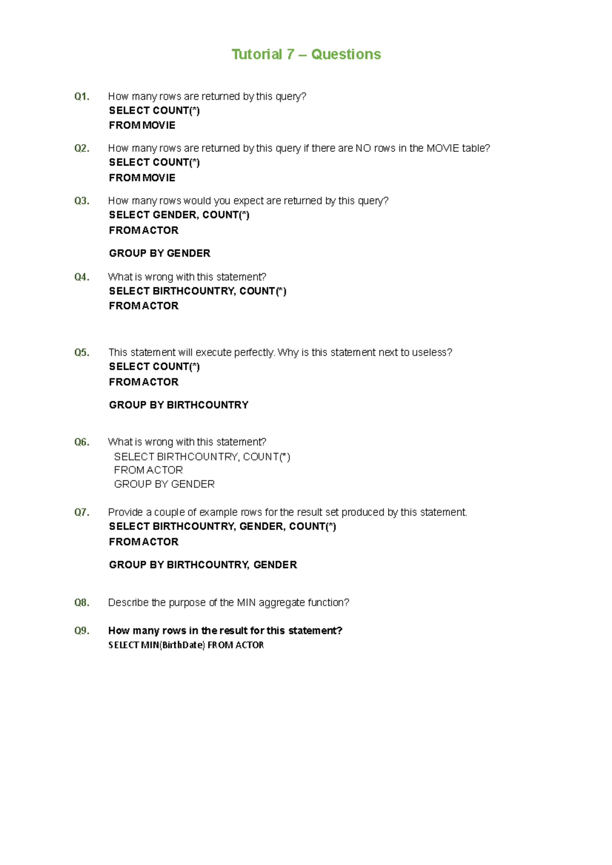 Topic 7 Tutorial Questions Week 7 2021 - Database - Studocu