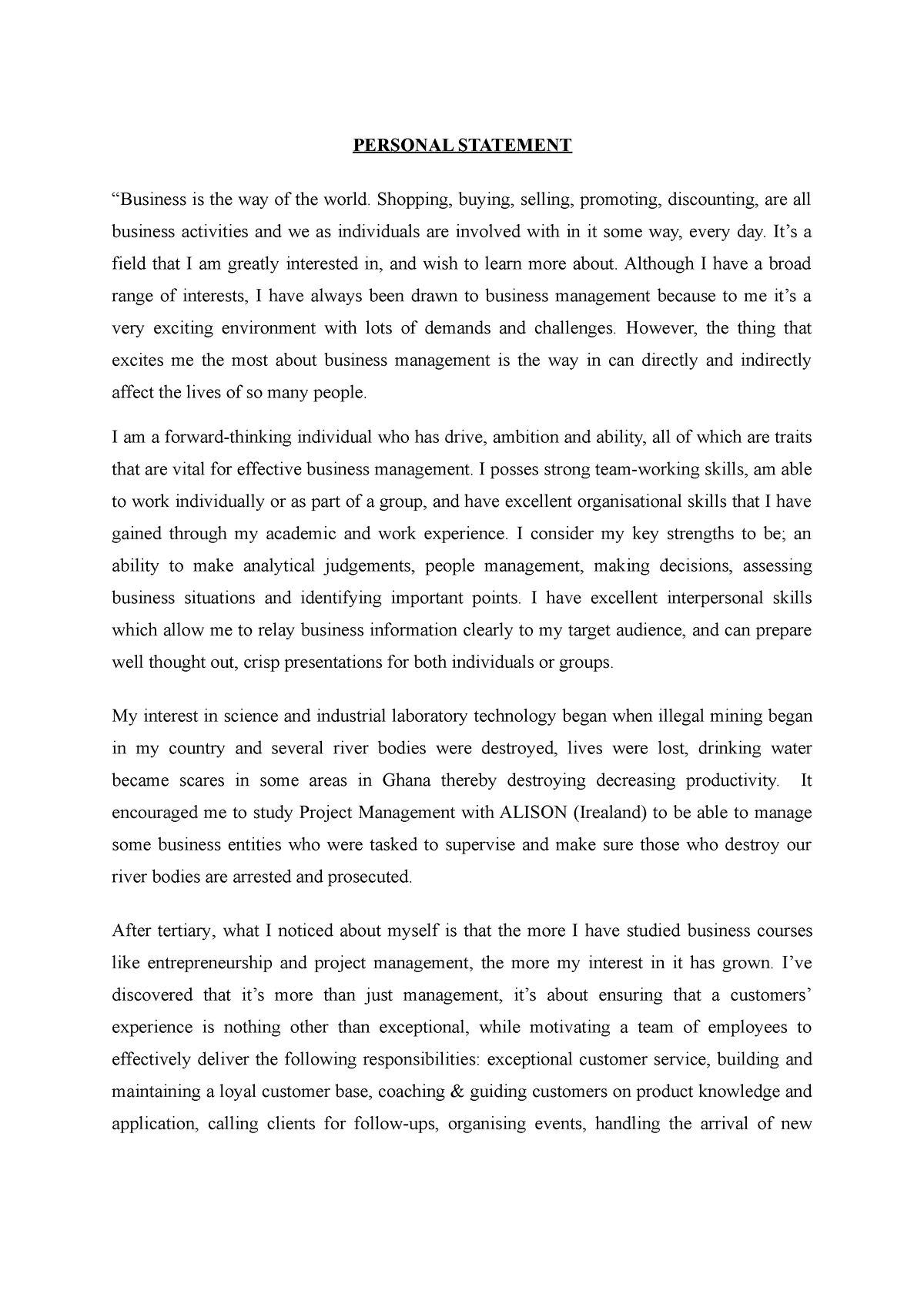global business management personal statement