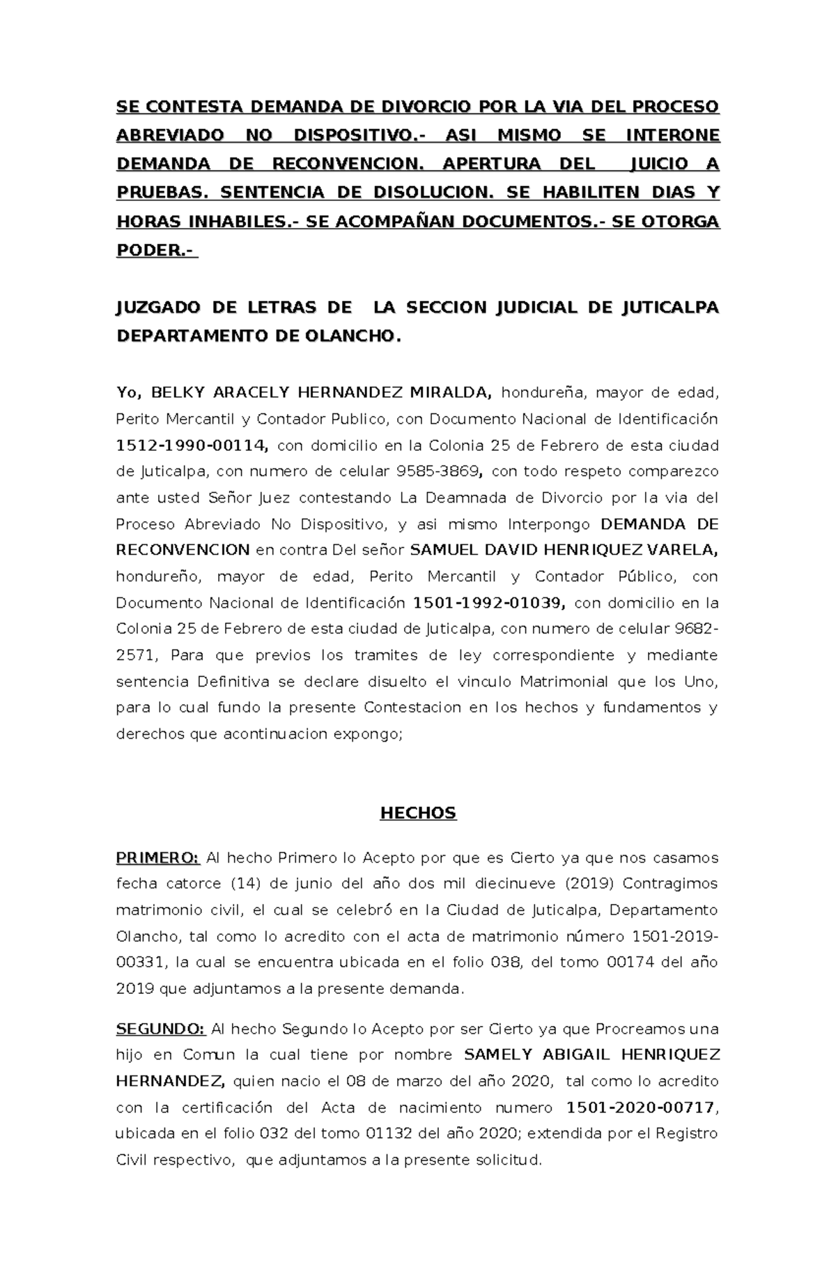 Contestacion Y Reconvencion Se Contesta Demanda De Divorcio Por La Via Del Procesose Contesta 9324