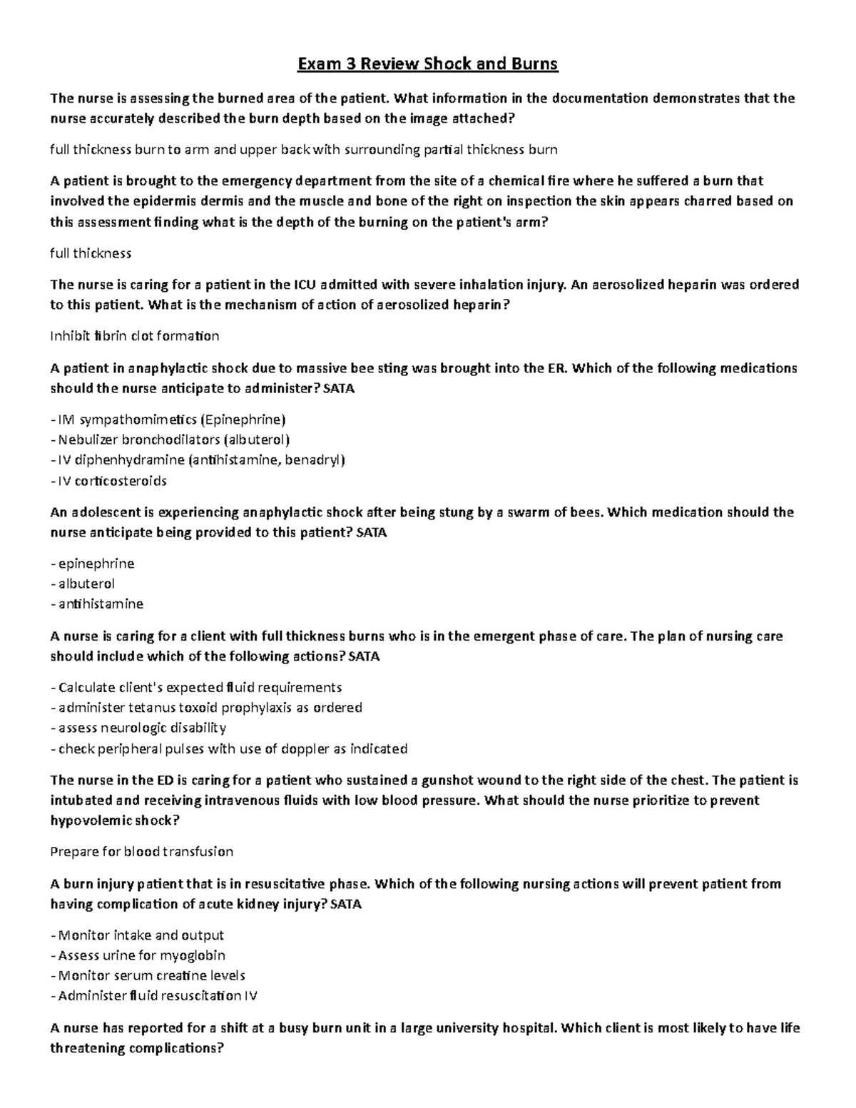 Exam 3 Review Shock and Burns Exam 3 Review Shock and Burns The nurse