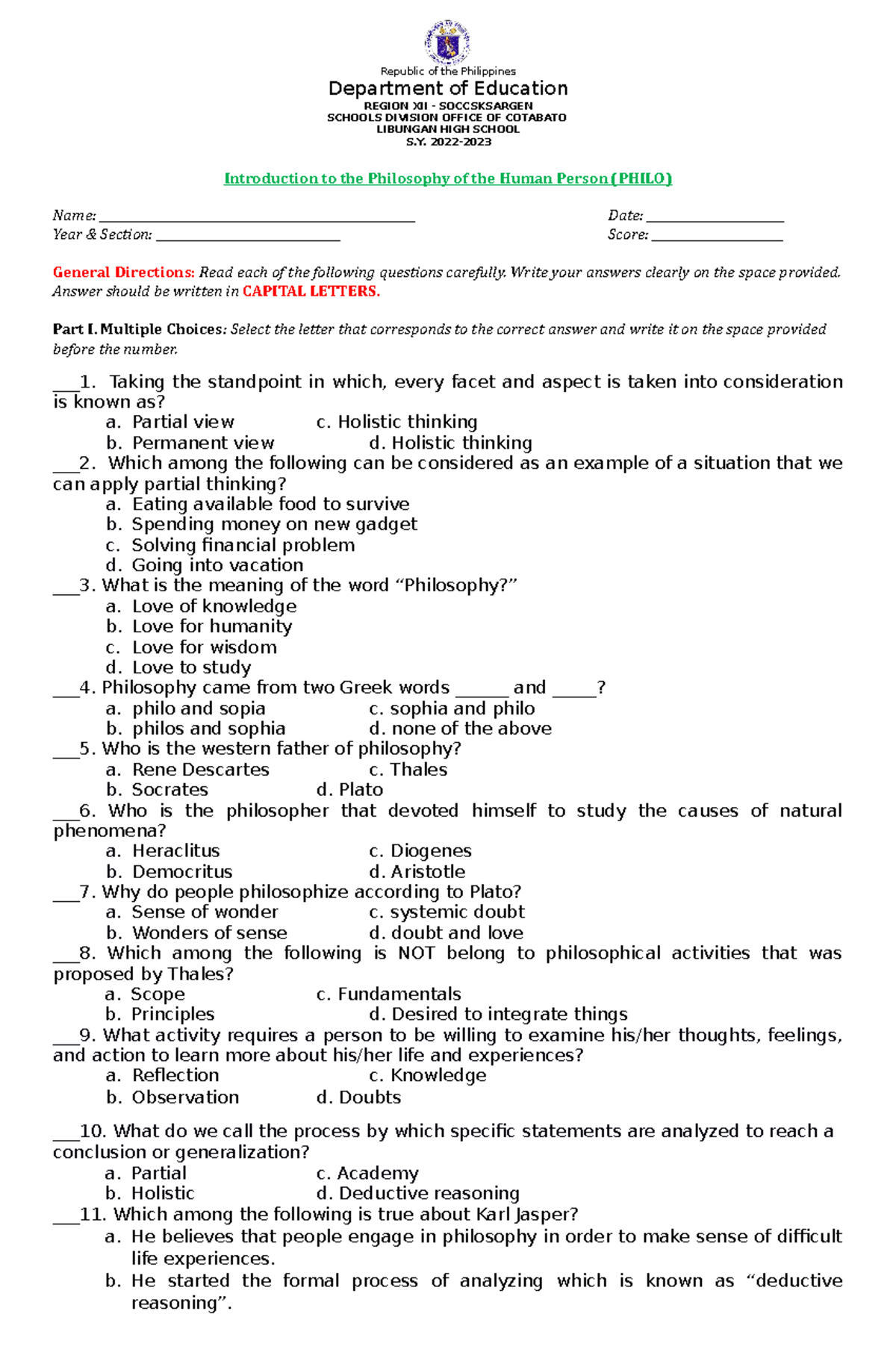 TQ for Philo (Midterm) TEST QUESTIONNAIRE Department of Education REGION XII SOCCSKSARGEN