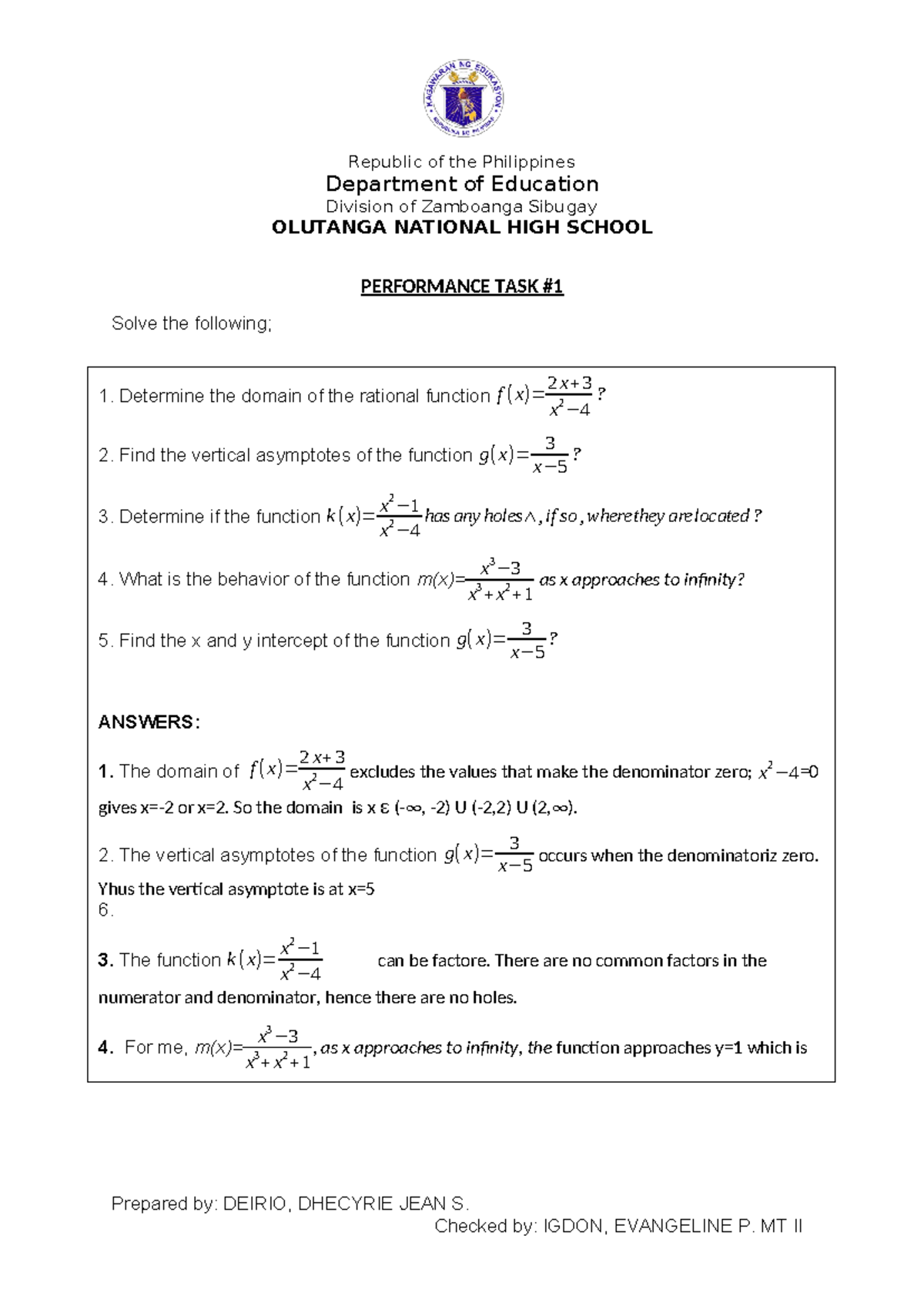 Performance Task Math 11 - Department of Education Division of ...
