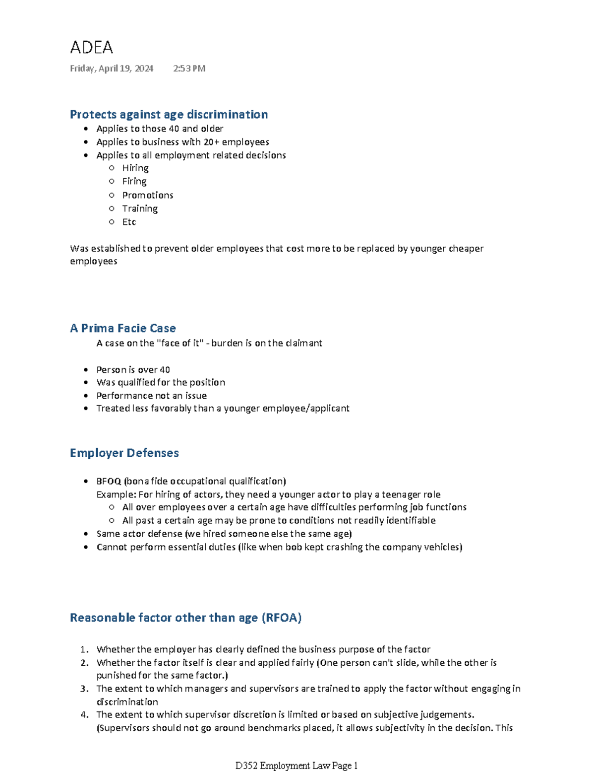 Labor Laws: ADEA Notes - Protects against age discrimination Applies to ...