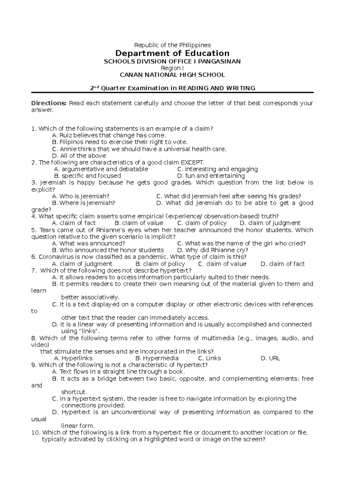 Reading and writng exam - Republic of the Philippines Department of ...
