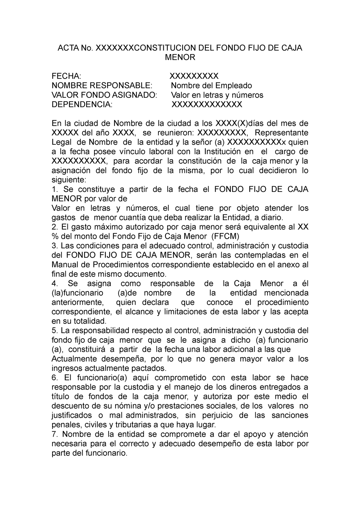 Modelo Acta Constitucion Caja Menor Acta No Xxxxxxxconstitucion Del