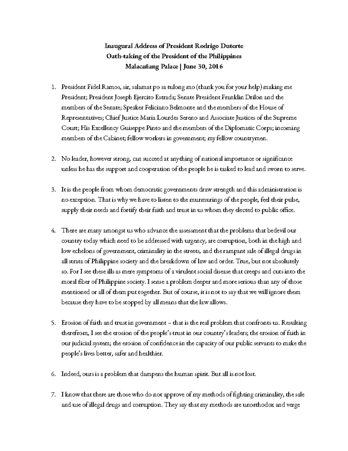 Inaugural speech - Summary Research - Inaugural Address of President ...