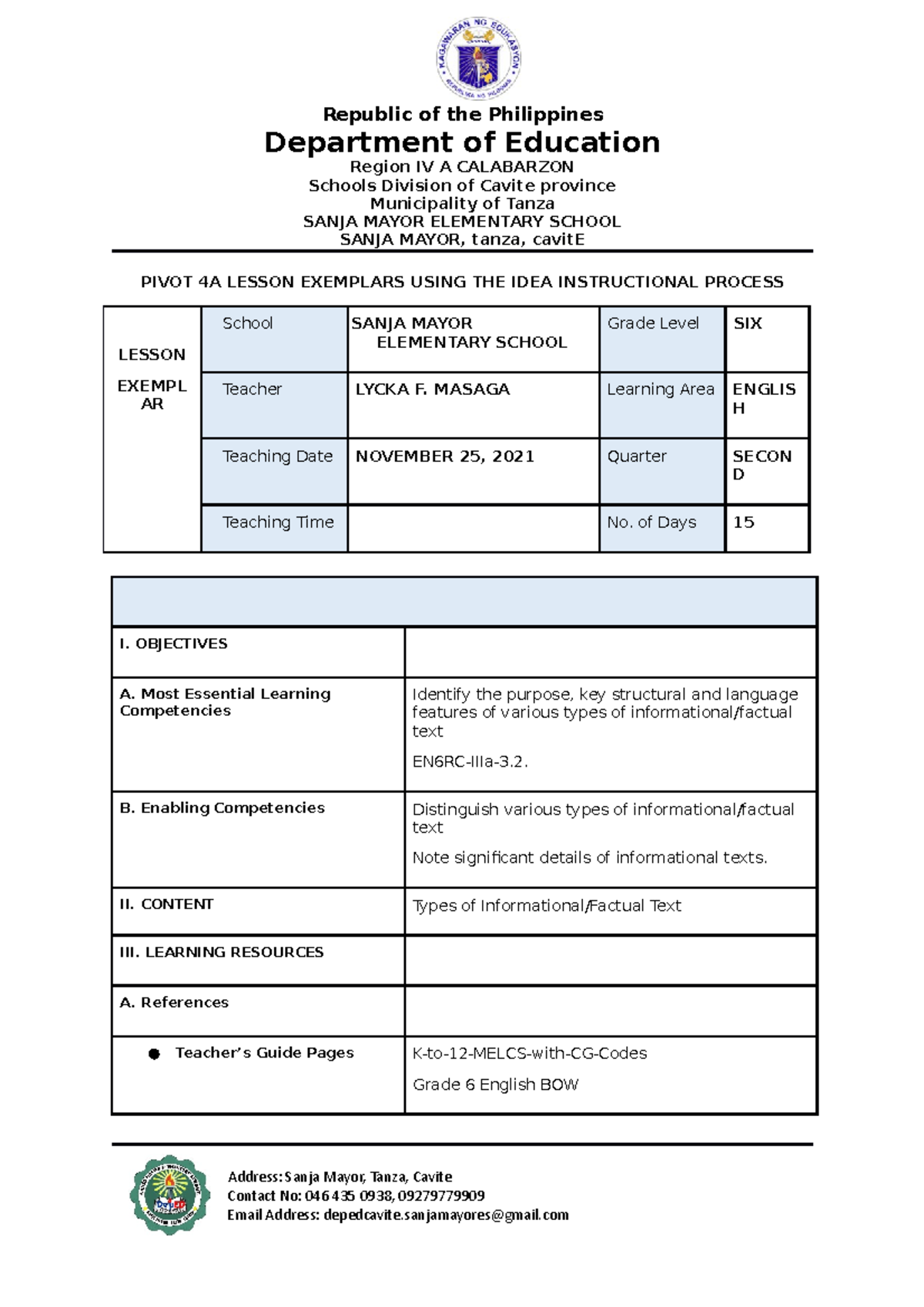 Pivot 4A Lesson Exemplars Using THE IDEA Instructional Process 