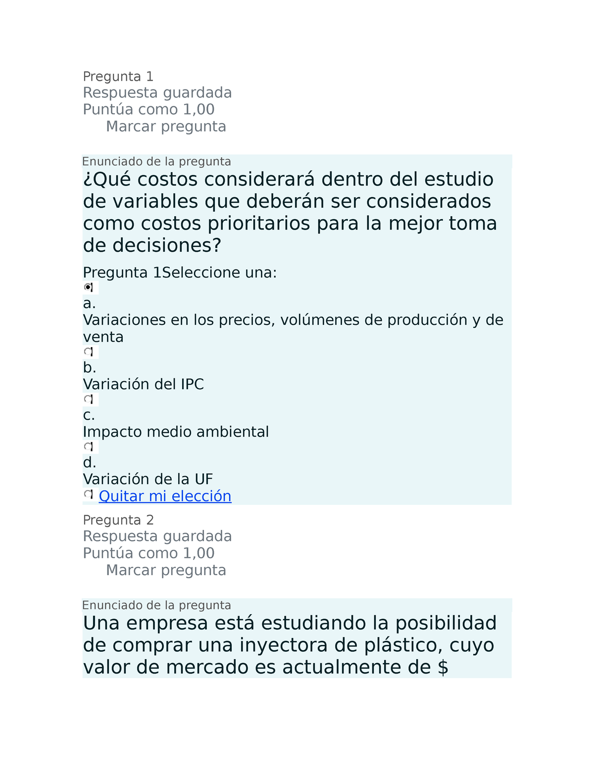 Prueba 1 Finanzas - Pregunta 1 Respuesta Guardada Puntúa Como 1, Marcar ...