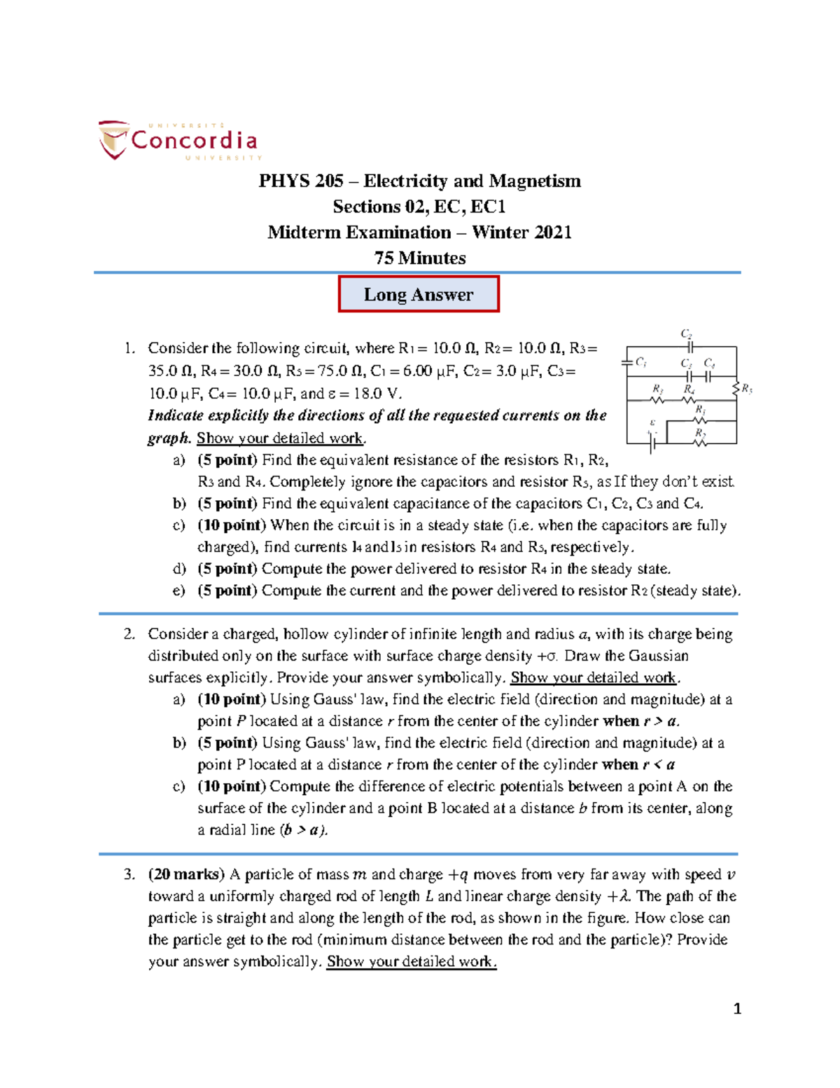 W21-PHYS 205-Midterm Exam - 1 PHYS 205 – Electricity and Magnetism ...