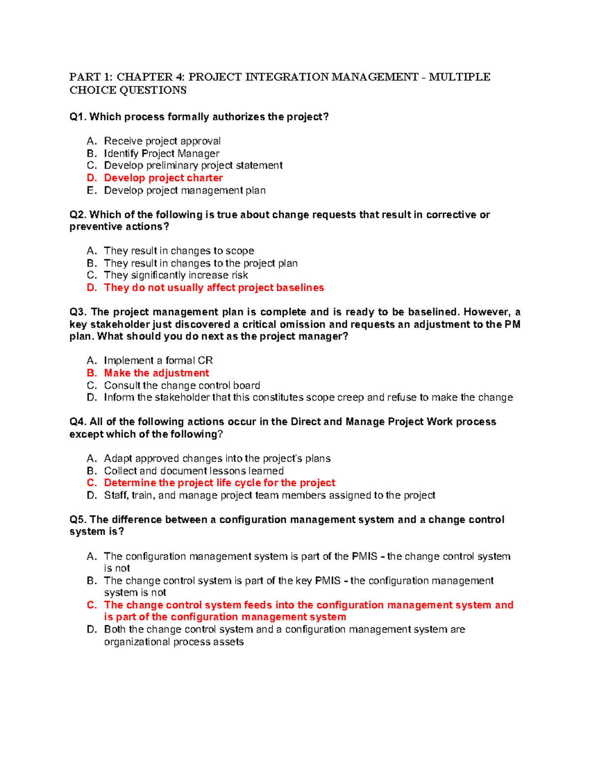 Chapter 4 - Project Integration Management - MCQs - PART 1: CHAPTER 4 ...