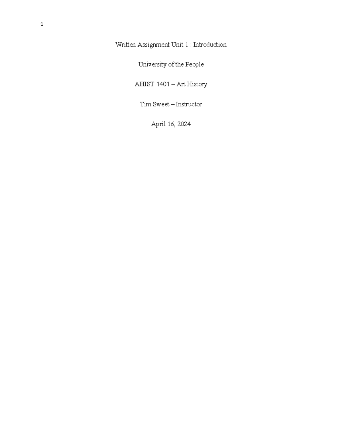 ART History Ahist 1401 UNIT 1 Written Assignment - Written Assignment ...