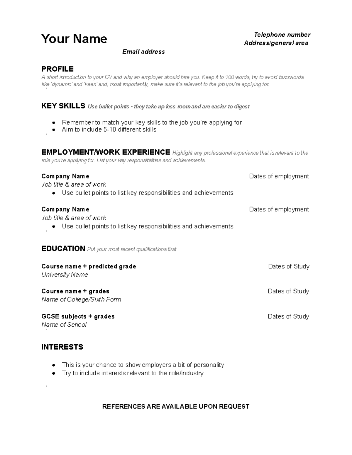 RATE - Placement CV Downloadable - Your Name Email address Telephone ...