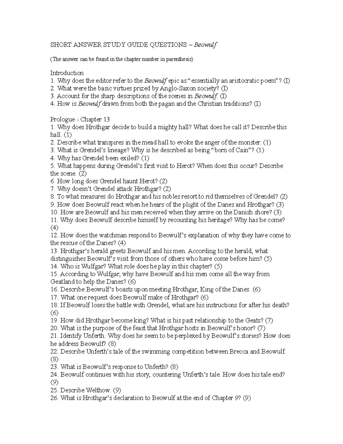 Beowulf Study Guide Short Answers.doc - Studocu